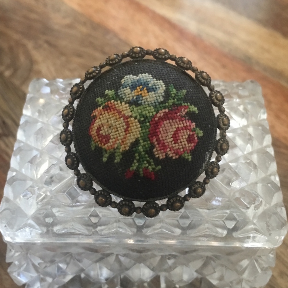 Vintage Floral Motif Needlepoint Brooch